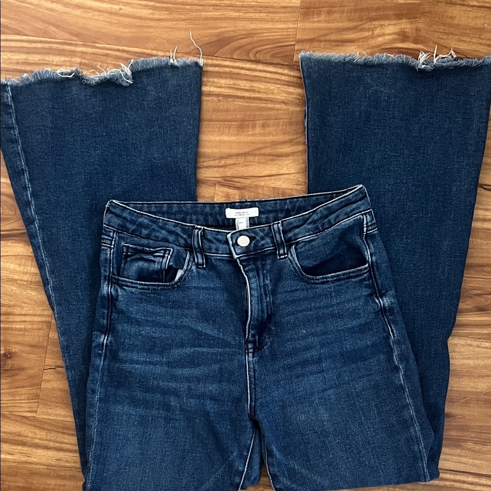 Dark Blue Flare Jeans with Frayed Hem